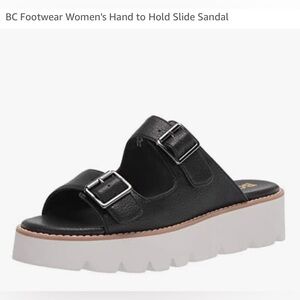 BC Footwear Women's Hand to Hold Black V-Leather Slide Sandal Double Buckle, 8.5